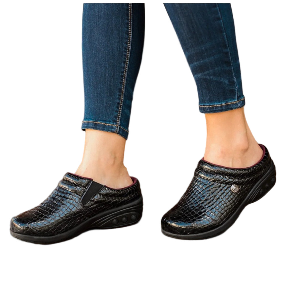 Therafit Clogs Black Size 9.5-10 Crocodile-Embossed Patent Leather Mules Womens - Picture 2 of 16
